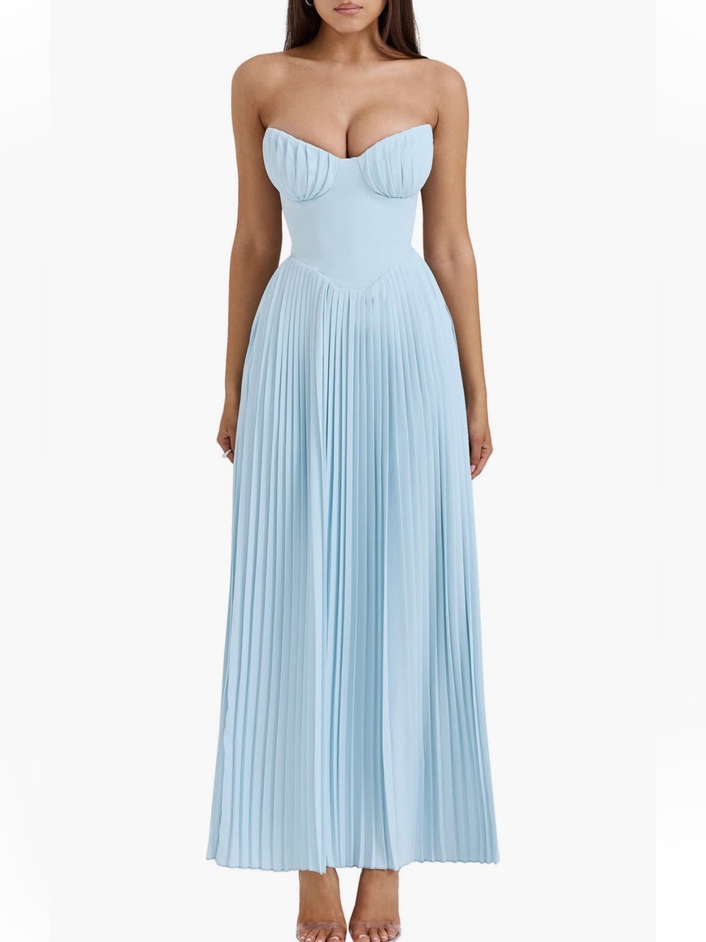 House of CB Marcella Strapless Pleated Georgette Gown - Light Blue